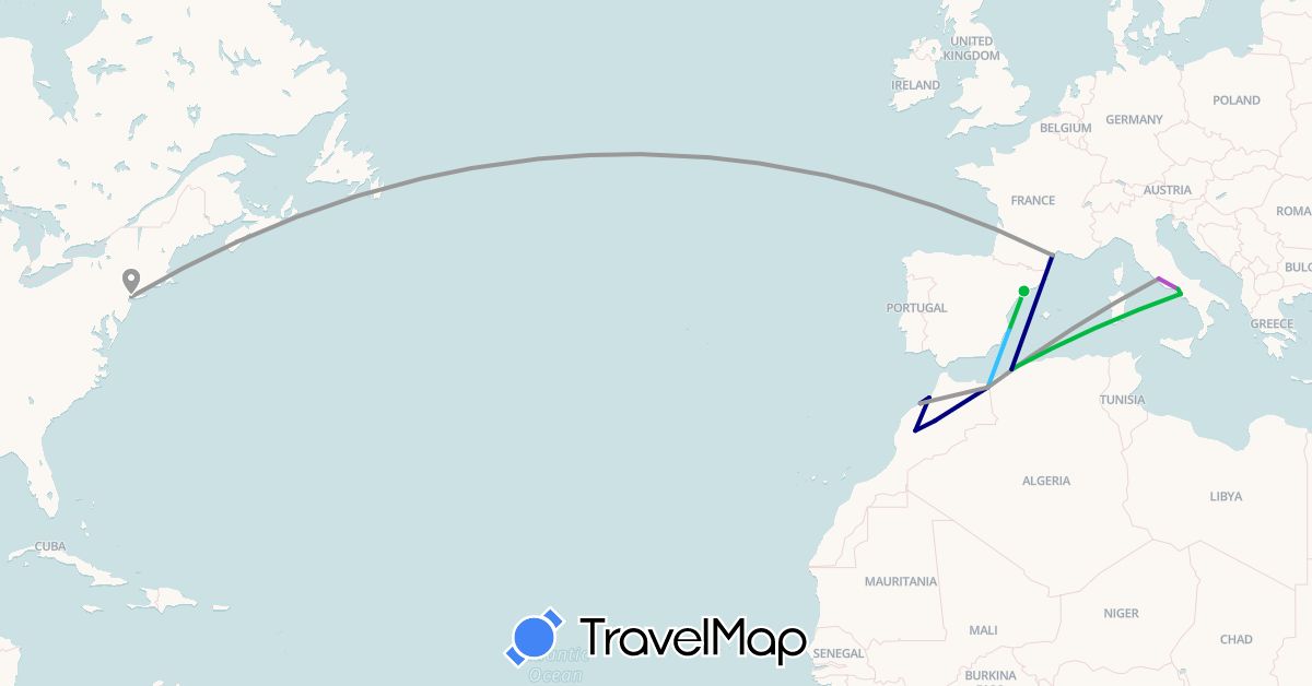 TravelMap itinerary: driving, bus, plane, train, boat in Algeria, Spain, France, Italy, Morocco, United States (Africa, Europe, North America)